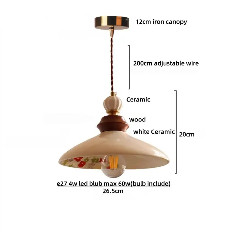 Modern cream ceramic led pendant light with floral interior, wooden ring, and brass fittings for kitchen decorbites ceramic led