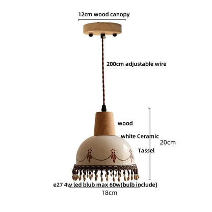 Modern cream ceramic led pendant light with wooden canopy brown floral pattern tassels decorbites ceramic led pendant
