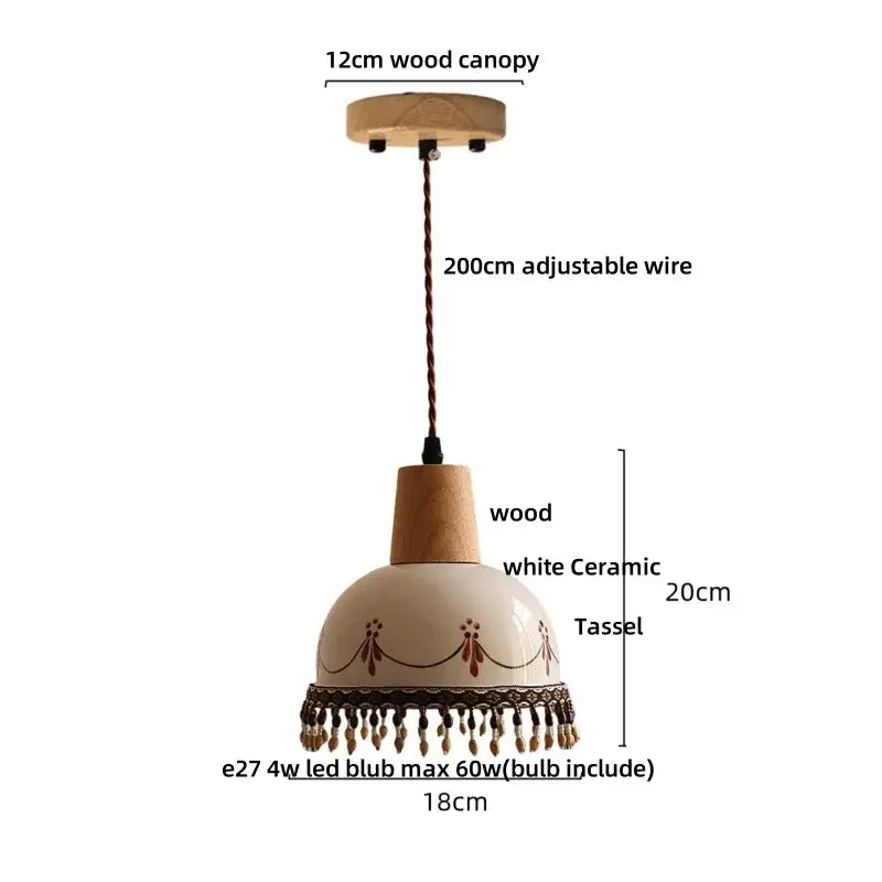 Modern cream ceramic led pendant light with wooden canopy brown floral pattern tassels decorbites ceramic led pendant