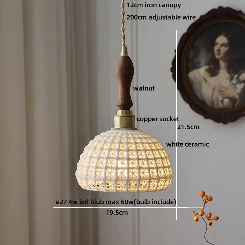 Modern cream ceramic led pendant light with woven lattice design walnut handle and brass accents by decorbites ceramic led