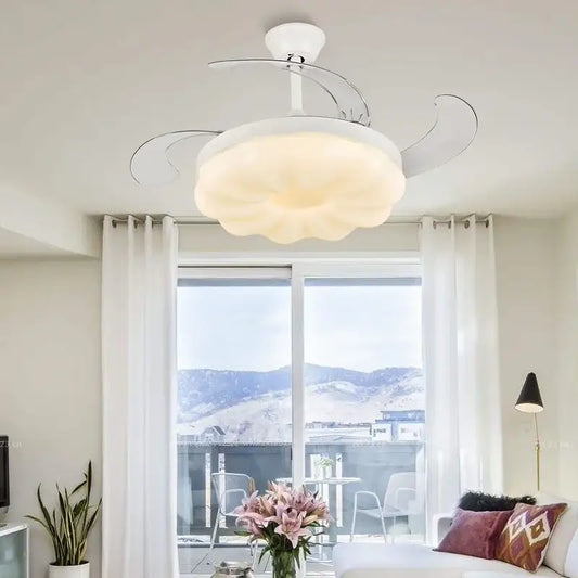 Modern cream cloud ceiling fan light with silver blades featuring integrated lighting for bedroom ceiling fan use