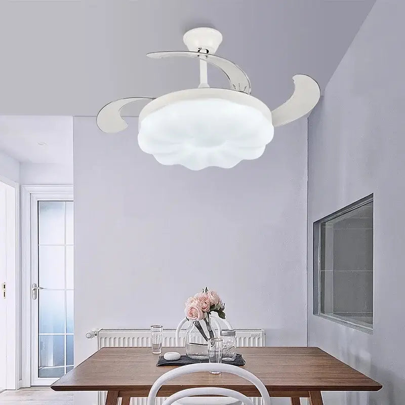 Modern cream cloud ceiling fan light with silver curved blades and integrated lighting ideal for bedroom fan light