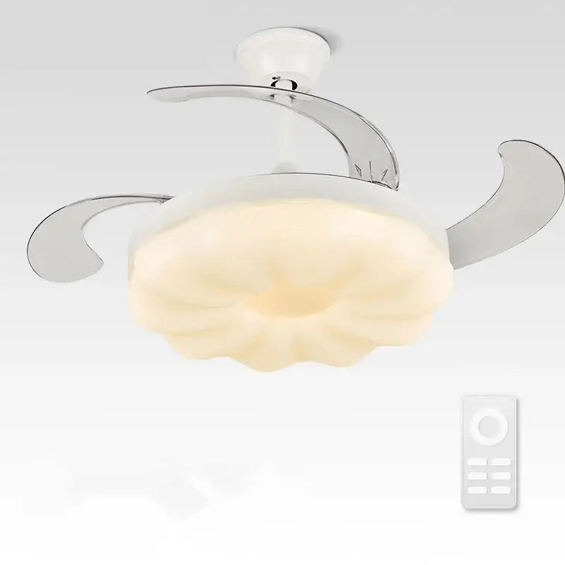 Modern cream cloud ceiling fan light with chrome finish and flower-shaped diffuser for bedroom fan light
