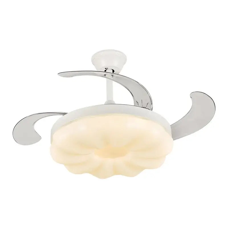 Modern cream cloud ceiling fan light with frosted flower-shaped light fixture and three sleek silver blades for bedroom