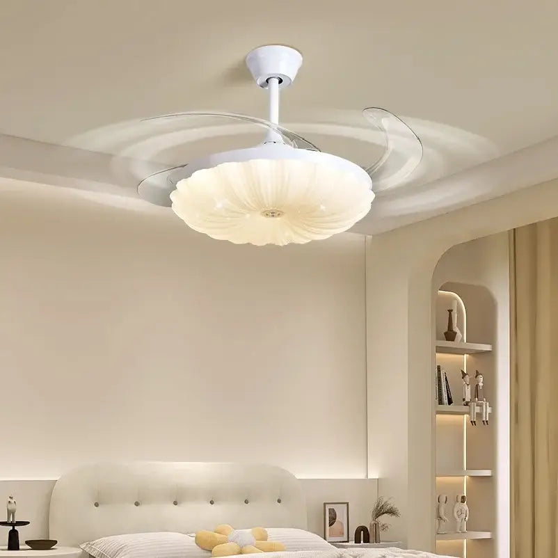 Modern cream cloud ceiling fan light with silver transparent blades and flower-shaped fan light for bedroom use