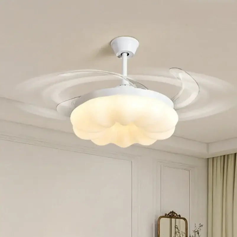 Modern cream cloud ceiling fan light with silver blades and integrated lighting for bedroom ceiling fan use