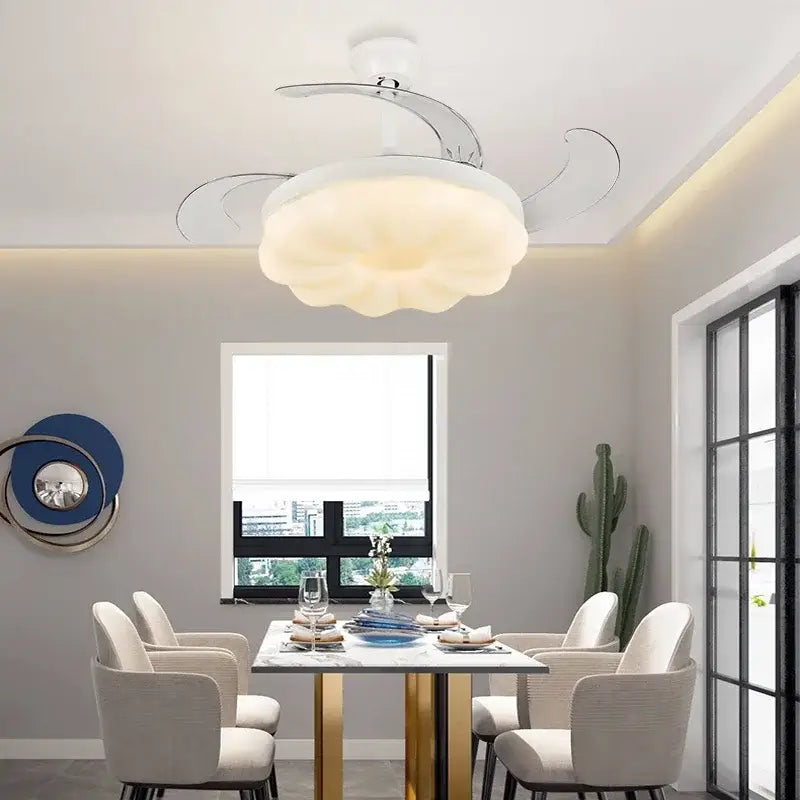 Modern cream cloud ceiling fan light with silver blades featuring soft white diffused light for bedroom use