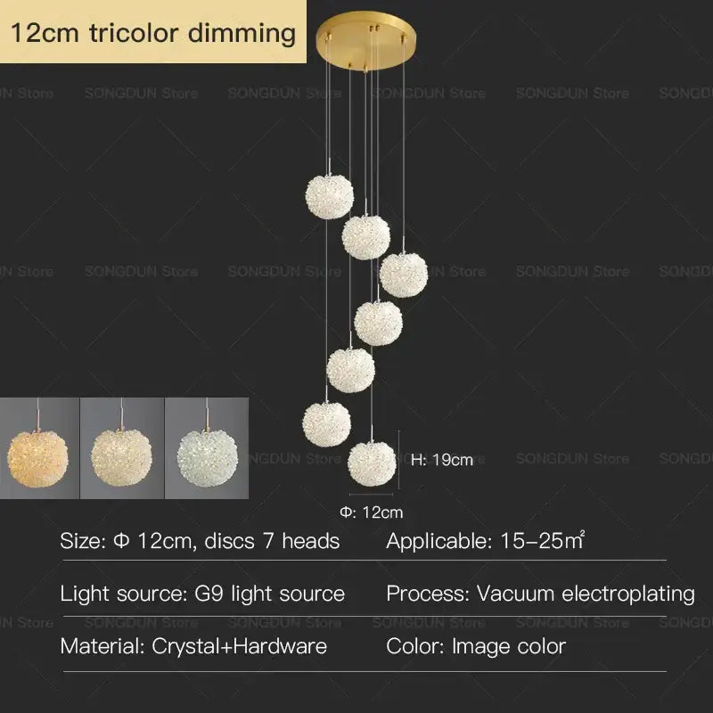 Modern cream crystal round room chandelier with seven spherical crystal heads on a gold-toned decorbites crystal round base