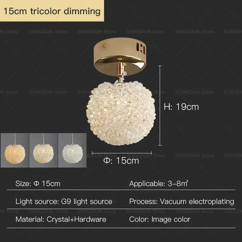 Modern cream crystal round room chandelier with a 15cm gold-toned base and decorbites crystal round design, tricolor dimming
