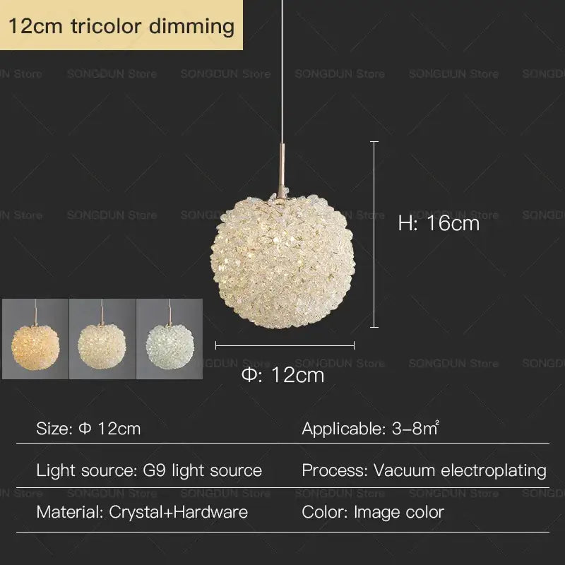 Modern cream crystal round room chandelier featuring a spherical tricolor dimming decorbites crystal round pendant light