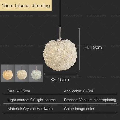 Modern cream crystal round room chandelier pendant light with spherical tricolor dimming crystal decorbites crystal round