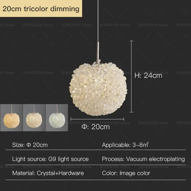 Modern cream crystal round room chandelier pendant light with tricolor dimming and 20cm diameter decorbites crystal round