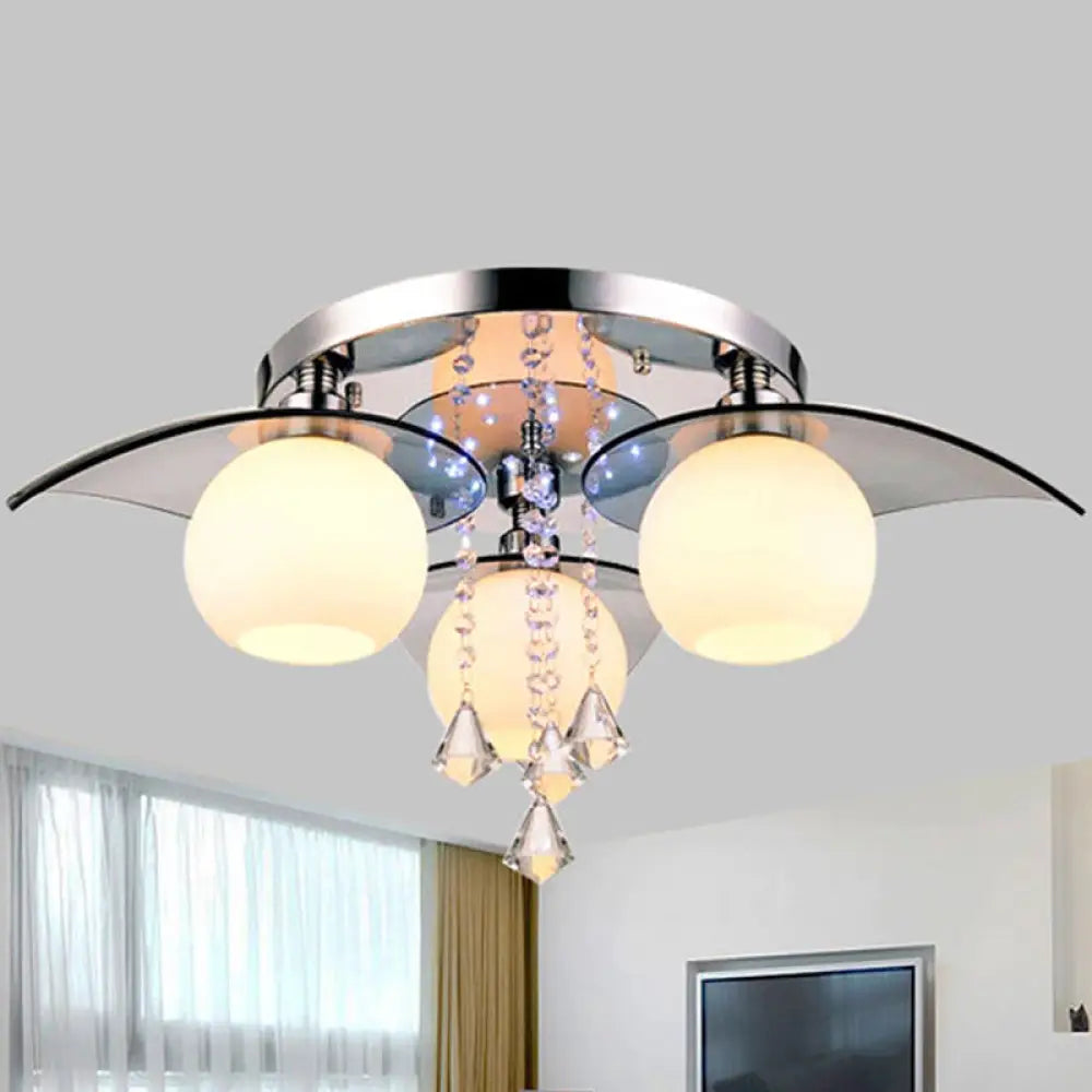 DecorBites™ DecorBites™ Modern Cream Glass Ball Dining Room Semi Flush Light with Crystal Diamond Accents - 3-Bulb Chrome Ceiling Fixture