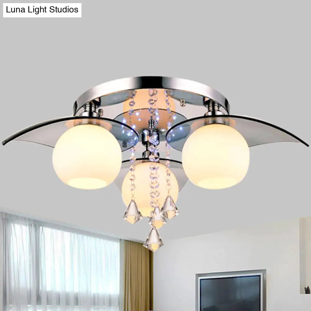 DecorBites™ DecorBites™ Modern Cream Glass Ball Dining Room Semi Flush Light with Crystal Diamond Accents - 3-Bulb Chrome Ceiling Fixture
