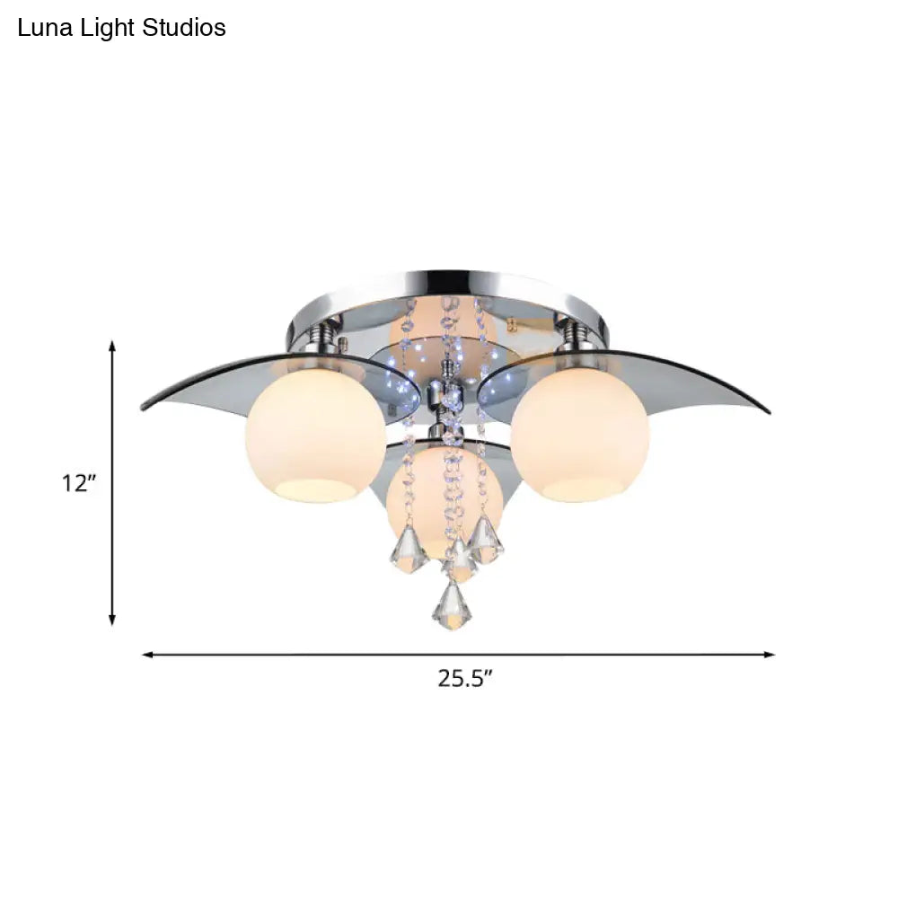 DecorBites™ DecorBites™ Modern Cream Glass Ball Dining Room Semi Flush Light with Crystal Diamond Accents - 3-Bulb Chrome Ceiling Fixture