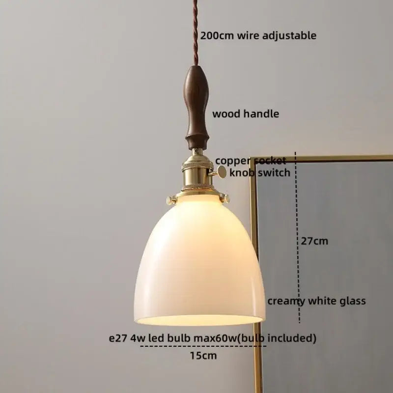 Modern cream glass copper led pendant light with wood handle and copper knob switch for dining room pendant lights