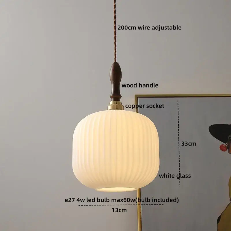 Modern cream glass copper led pendant light with white ribbed shade and adjustable copper wire for dining room lighting