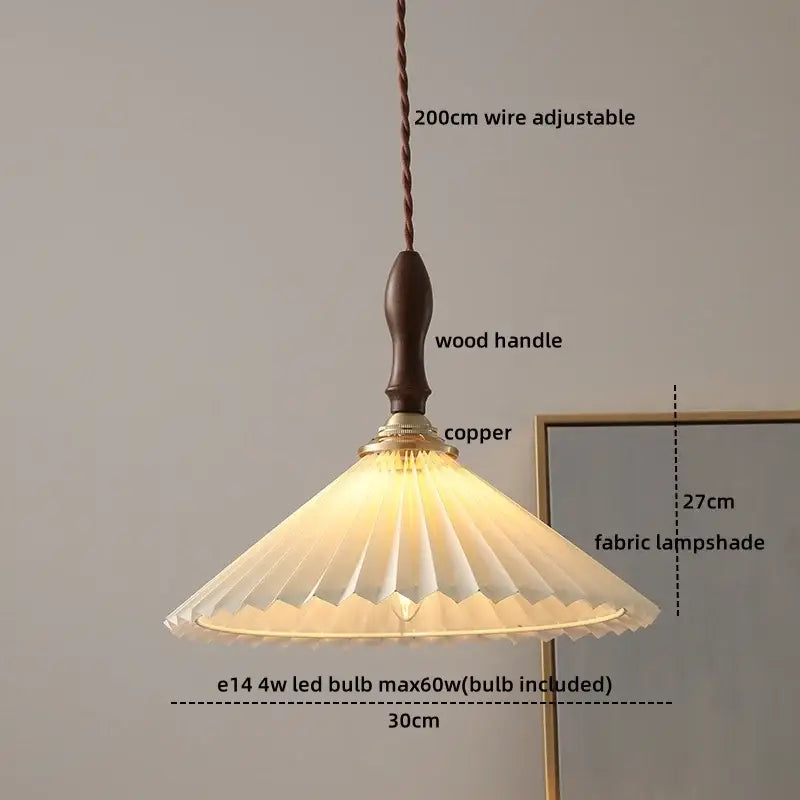 Modern cream glass copper led pendant light with pleated fabric shade and wood handle for dining room lighting