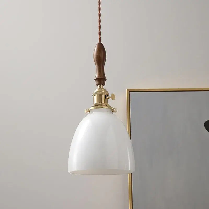 Modern cream glass copper led pendant light with white ceramic shade brass fixture and dark wood handle for dining room
