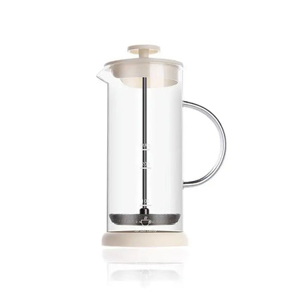 Modern cream glass french press coffee maker with cream plastic lid and black plunger for hand foam mixer blender use