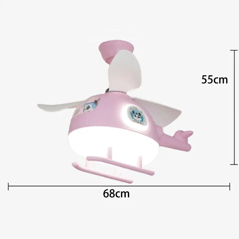 Modern cream helicopter ceiling fan lights with pink helicopter design white blades and glowing fan lights for kids bedroom