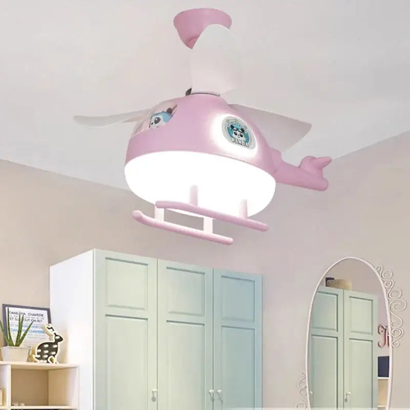 Modern cream helicopter ceiling fan lights with white blades and panda design cartoon character for kids bedroom fan lights