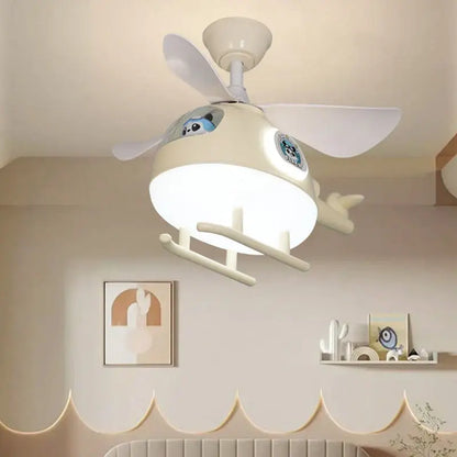 Cream helicopter ceiling fan lights with white blades and panda decals designed for kids bedroom ceiling fan lights