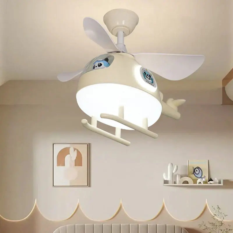 Cream helicopter ceiling fan lights with white blades and panda decals designed for kids bedroom ceiling fan lights
