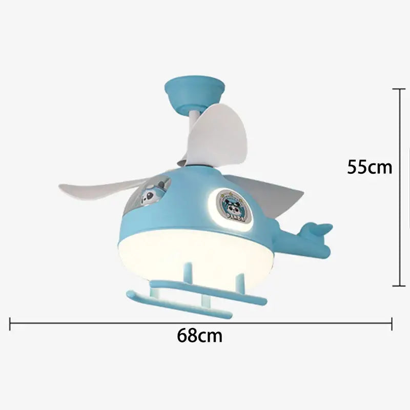 Blue helicopter-shaped ceiling fan with white blades and glowing light fixture for kids bedroom ceiling fan lights