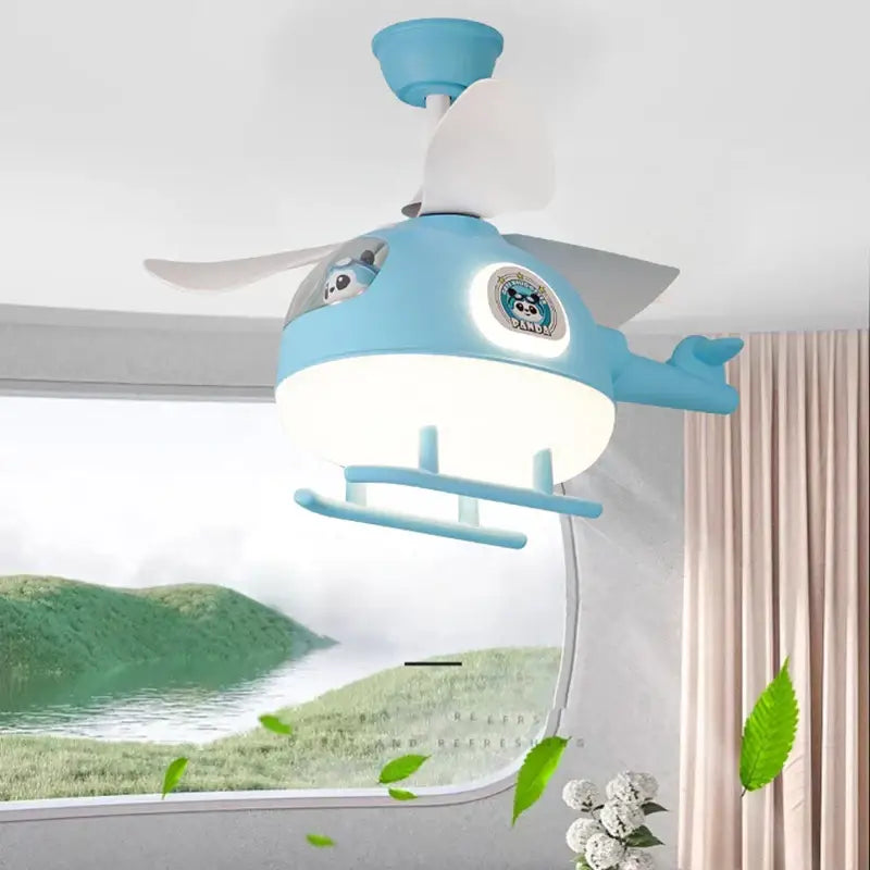Blue helicopter-shaped ceiling fan with white blades and glowing ceiling fan lights for kids bedroom panda design