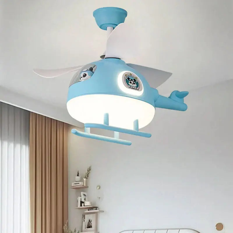 Modern cream helicopter ceiling fan lights with light blue body white blades and glowing circular fan lights for kids bedroom