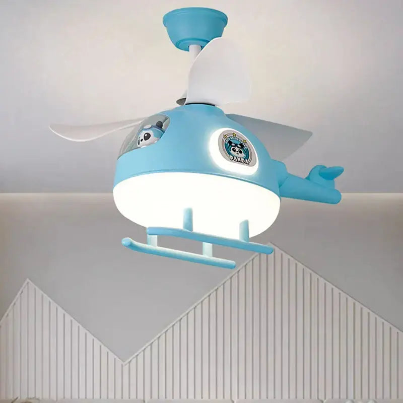 Modern cream helicopter ceiling fan lights for kids bedroom with light blue helicopter design and white fan lights blades