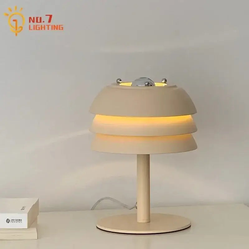 Modern cream medieval design led table lamp with beige layered shade and warm glow for bedroom decorbites cream medieval