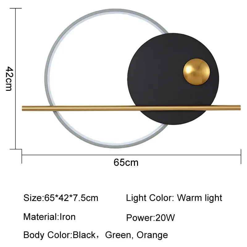 Modern cream and orange circular led wall lamps with sleek black shade, gold accent sphere, and brass iron construction