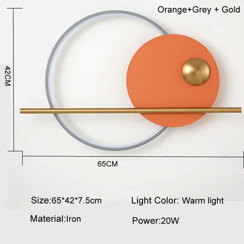 Modern cream and orange circular led wall lamp with minimalist design and gold and grey accents for bedroom lighting