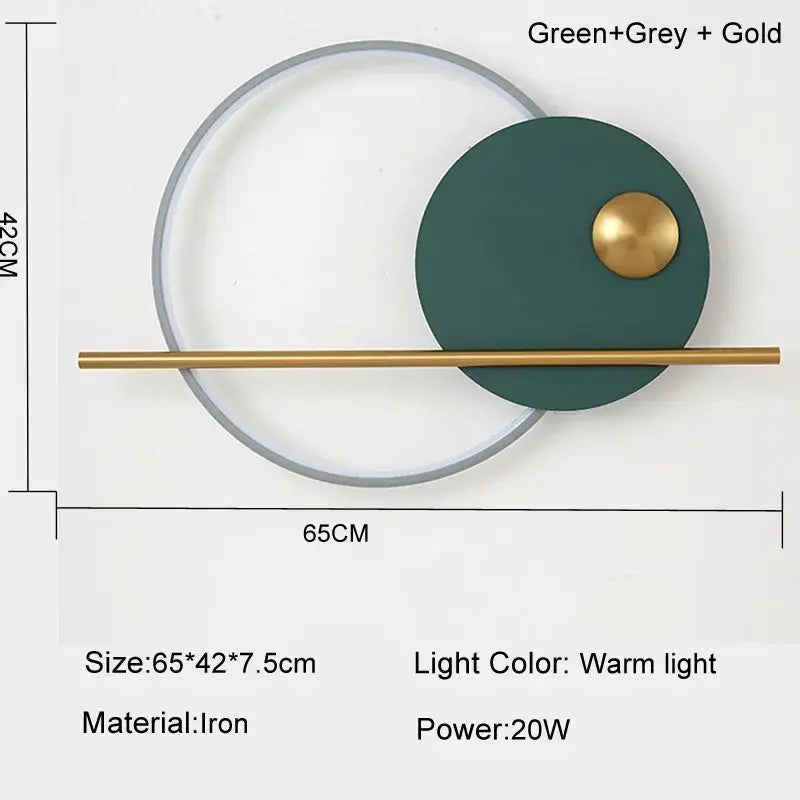 Modern cream and orange circular led wall lamps with sleek green grey and gold interlocking design for bedroom lighting
