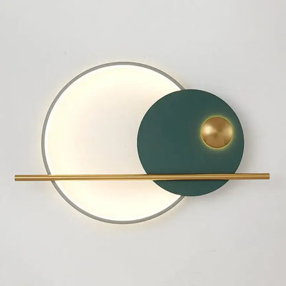 Modern cream and orange circular led wall lamps feature a glowing white light with teal and brass accents for bedroom lighting