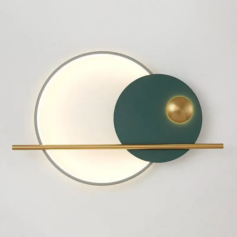 Modern cream and orange circular led wall lamps feature a glowing white light with teal and brass accents for bedroom lighting