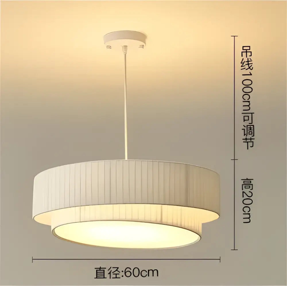 Modern cream pleated designer led fabric pendant light with circular two-tiered design and adjustable hanging length