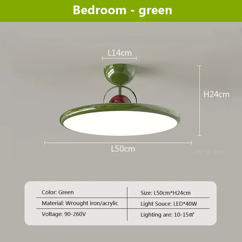 Modern cream iron nordic ceiling light with green oval matte finish, central red accent, wrought iron and acrylic materials