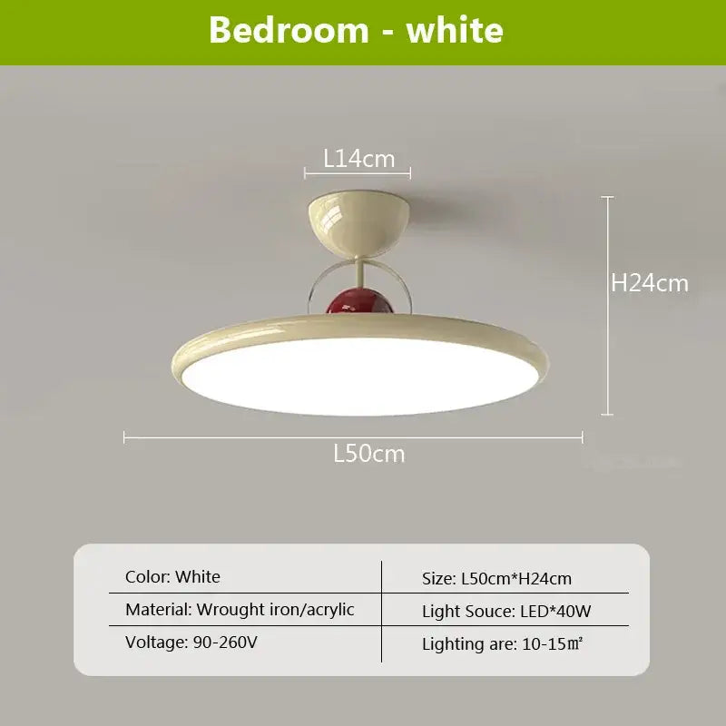 Modern cream iron nordic ceiling light with white led fixture, circular acrylic shade, and red accent sphere by decorbites