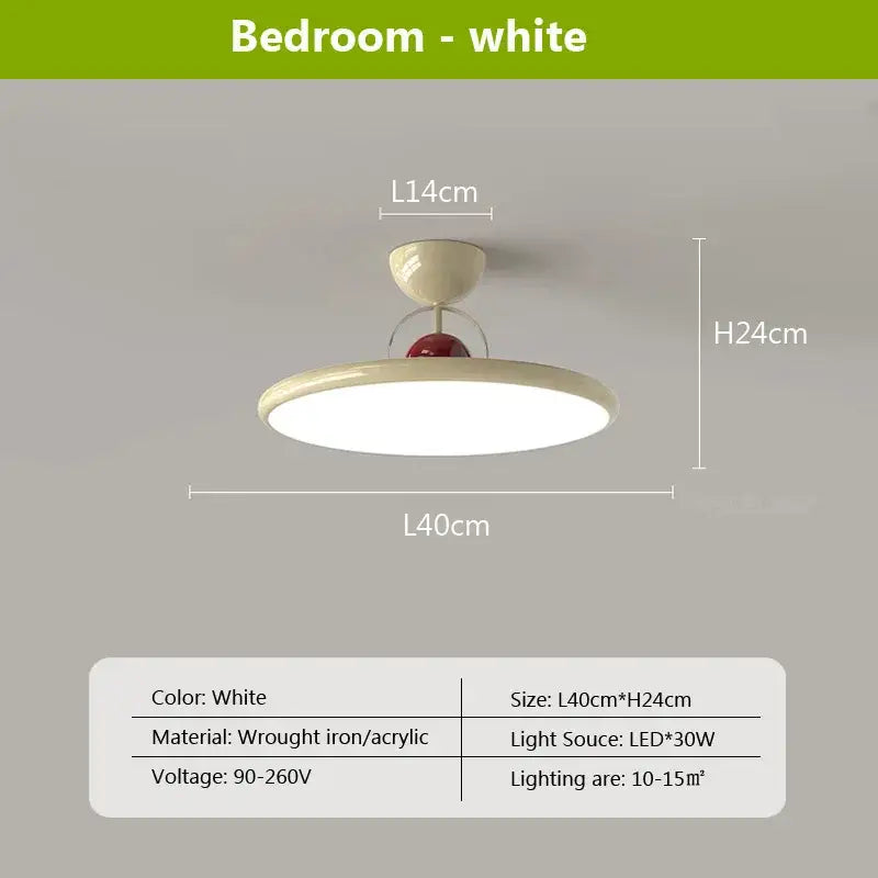 Modern cream iron nordic ceiling light with circular acrylic shade and red accent sphere for bedroom decorbites cream iron