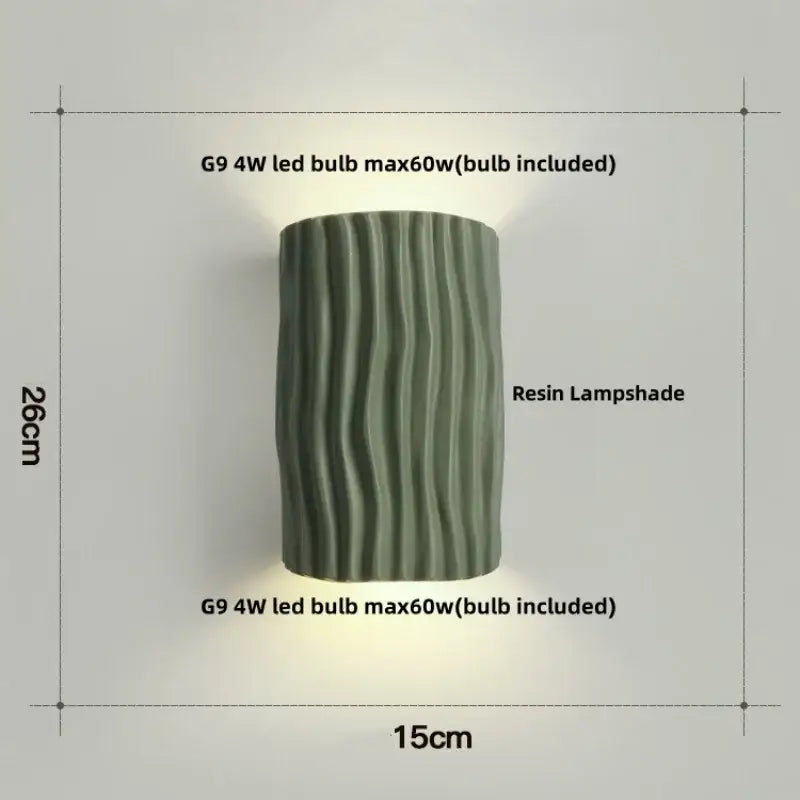 Modern cream ridged ceramic double led wall lamp with a dark green resin cylindrical lampshade featuring vertical ridges