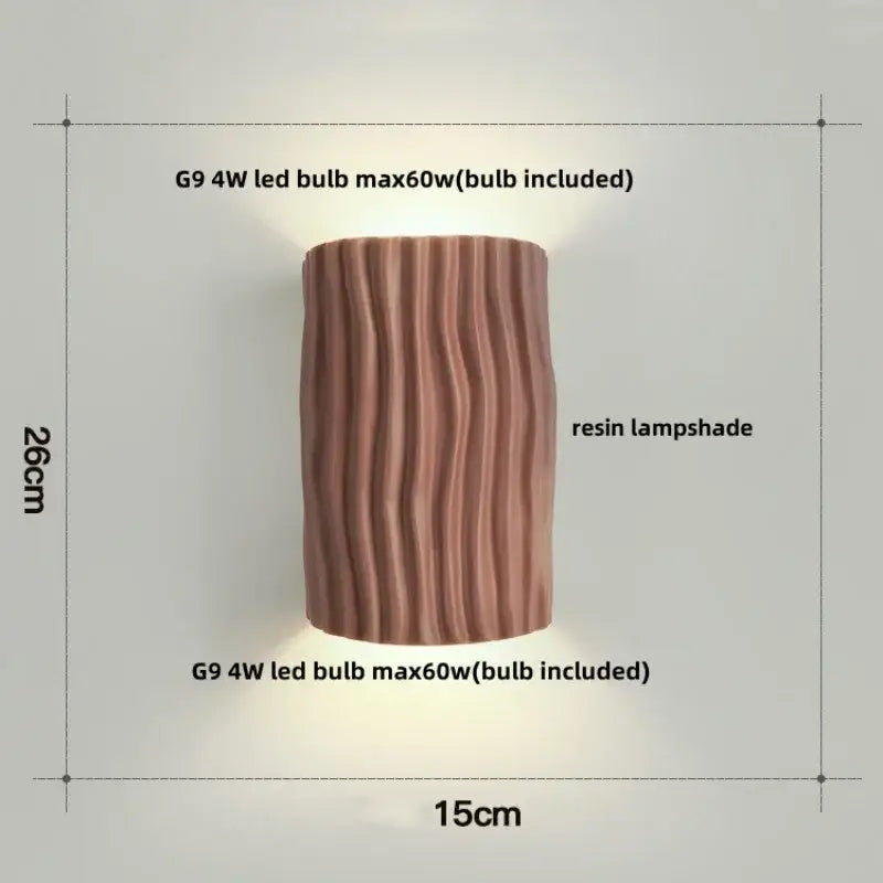 Modern cream ridged ceramic double led wall lamp with a warm-toned vertically ribbed resin lampshade and textured surface