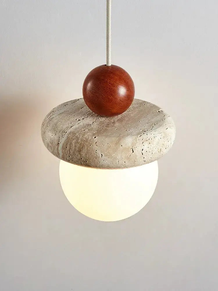 Modern cream stone wood globe pendant light with textured gray concrete disc and reddish-brown wooden sphere for decorbites cream stone