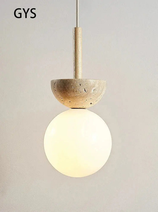 Modern cream style led pendant lamp with beige stone textured upper and frosted glass globe for bedroom decorbites cream style