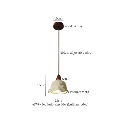 Modern cream textured glass bud micro cement pendant lamp with off-white ruffled shade and dark wood canopy for decorbites bud micro