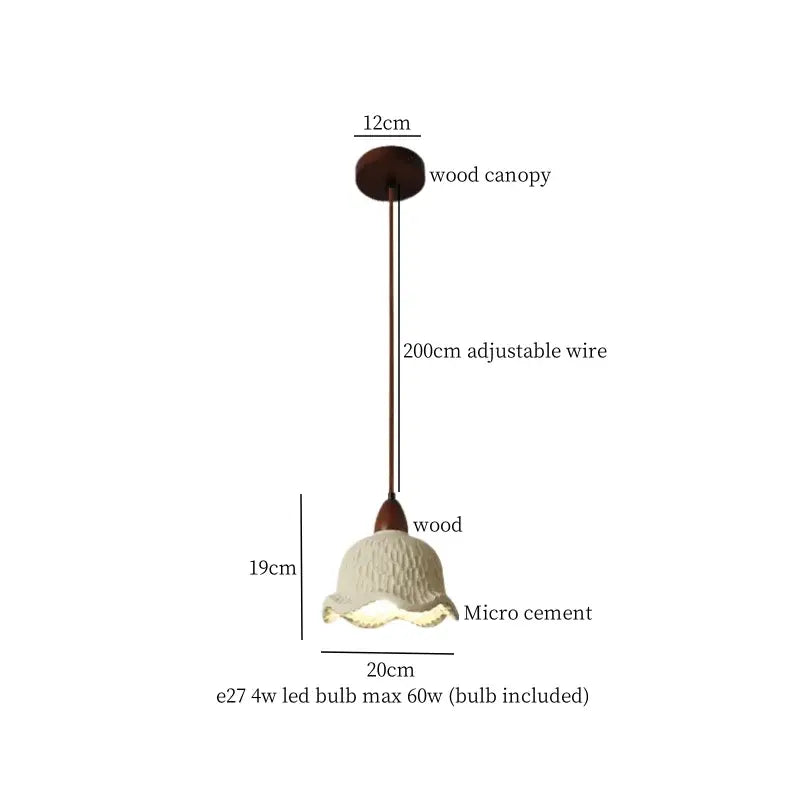 Modern cream textured glass bud micro cement pendant lamp with off-white ruffled shade and dark wood canopy for decorbites bud micro