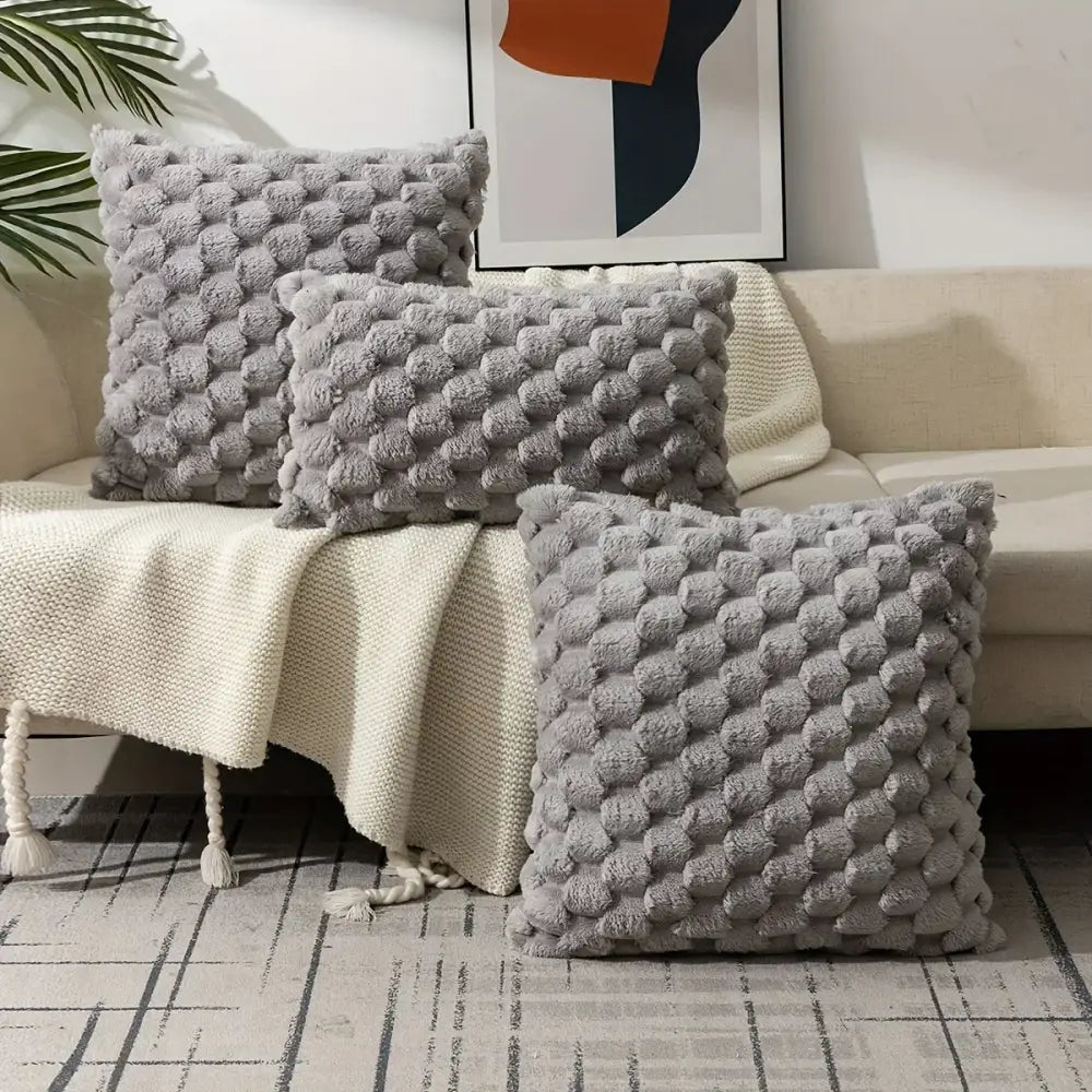 Modern cream decorative pillow cover with gray fluffy textured pom pom pattern for living room decor