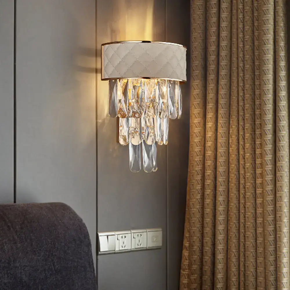 Modern cream indoor wall lamp with quilted fabric shade and crystal prism shade pendants for bedroom use